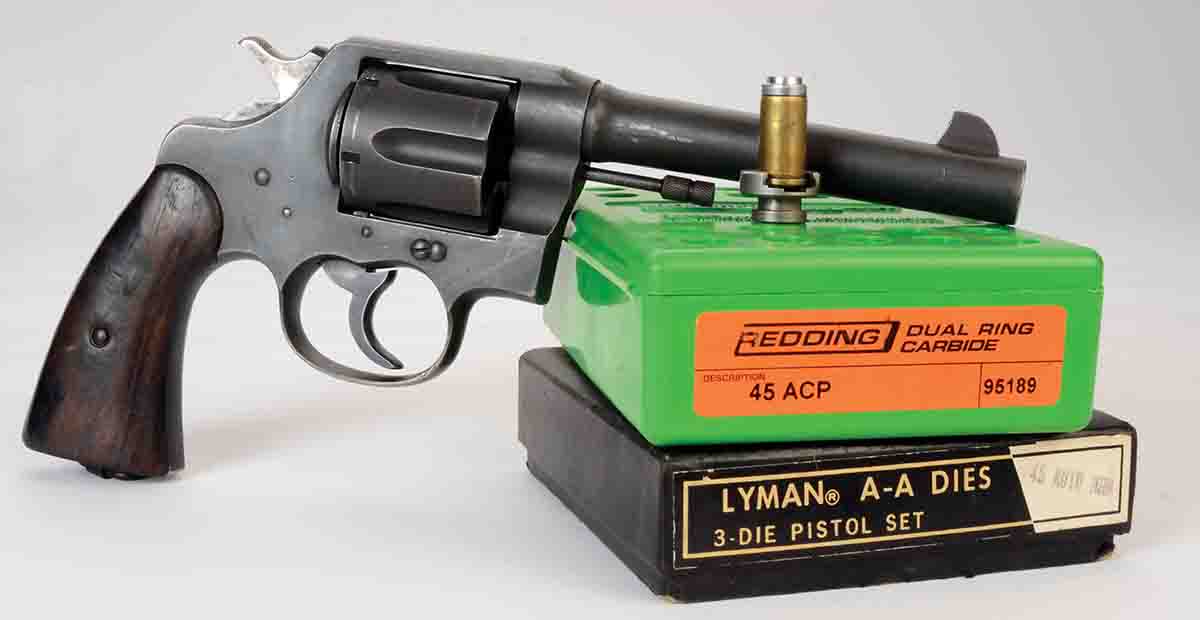 A Colt U.S. Model 1917 .45 Auto. Dies used were regular .45 Auto by Redding. The only change was the RCBS No. 8 shellholder seen atop the box. Notice the vintage Lyman box labeled “.45 Auto Rim.”